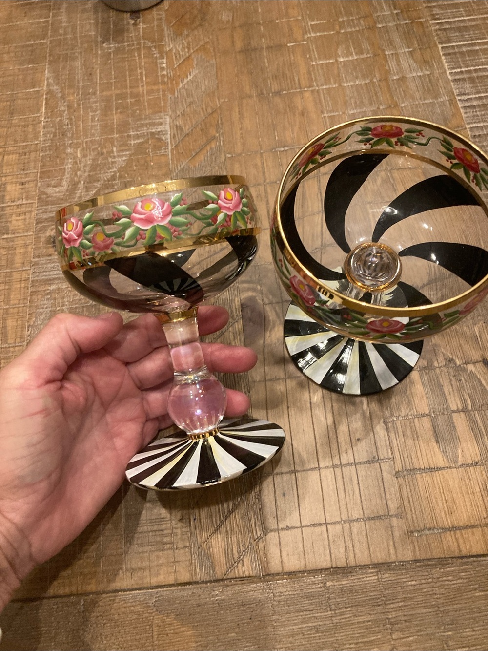 Mackenzie Childs Hand-Painted Floral and Black-White Coupe Glasses Set of 2
